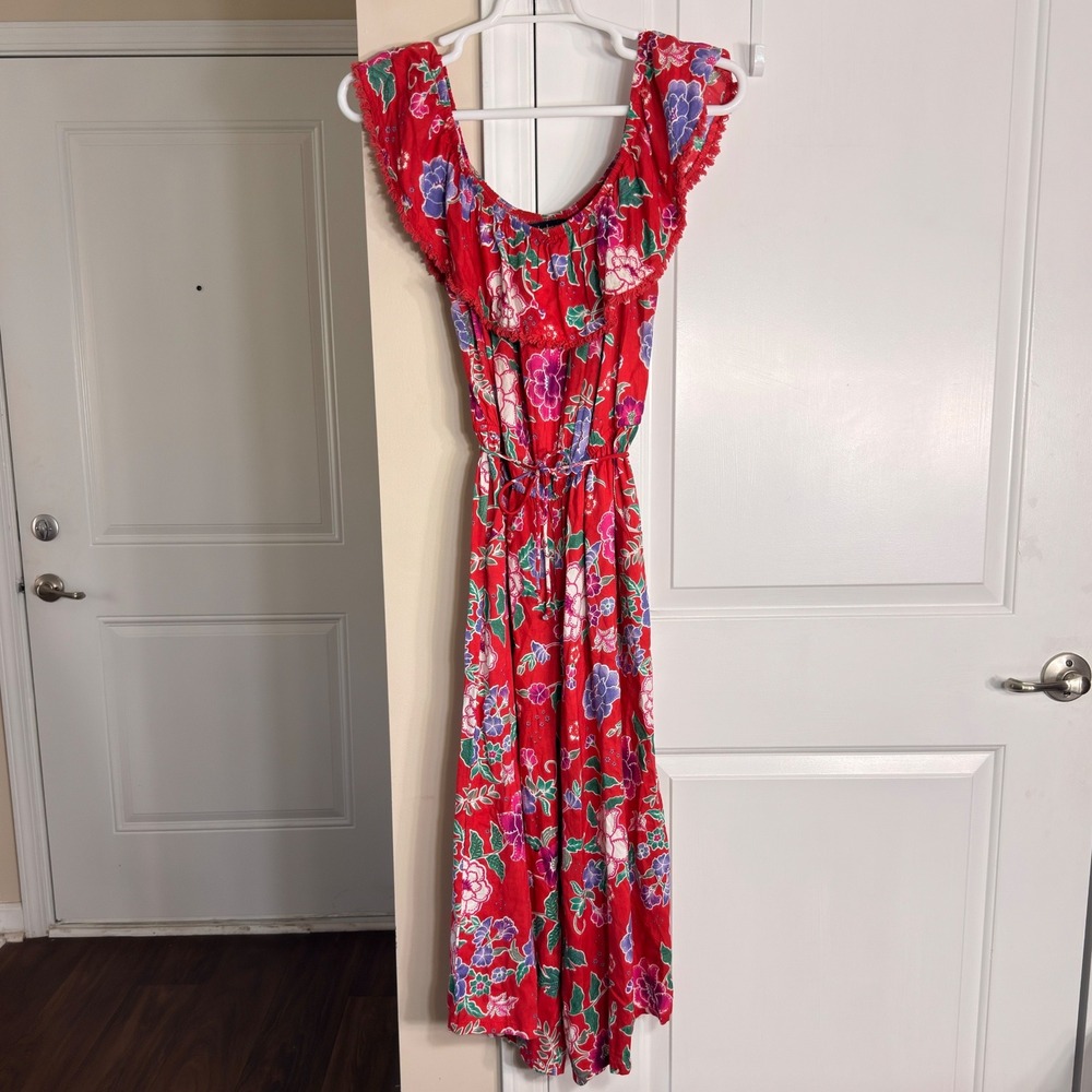 Derek Heart Floral Capri Jumpsuit Red Off Shoulder Wide Leg Pockets L
